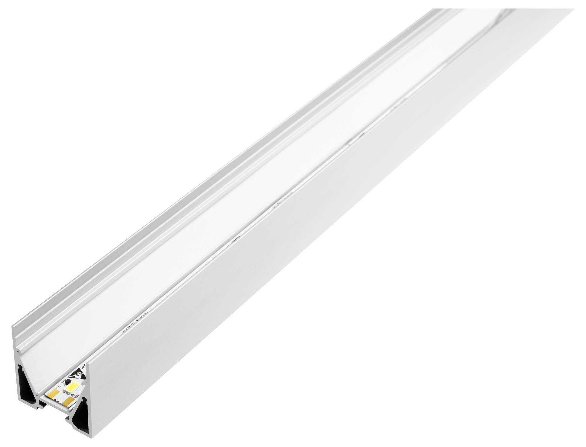 Aluminium-LED-Lichtkanal mit mattierter Abdeckung, mit integriertem LED-Streifen, verwendet für diffuse Beleuchtung in modernen Umgebungen.