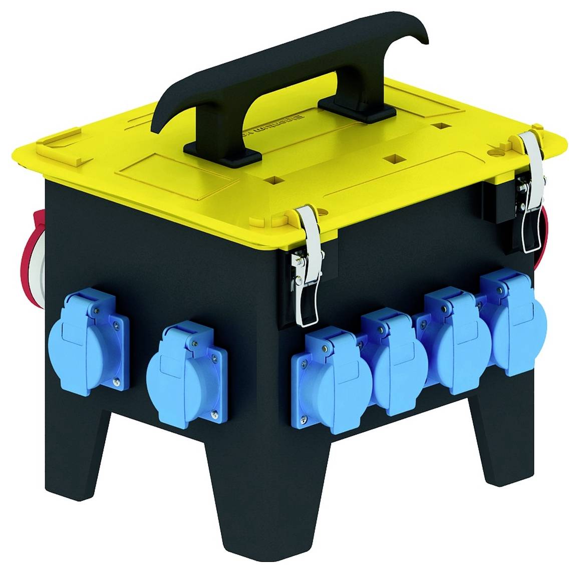 Tragbare Stromverteilungseinheit in Gelb und Schwarz mit acht blauen Steckdosen und einem Griff oben.