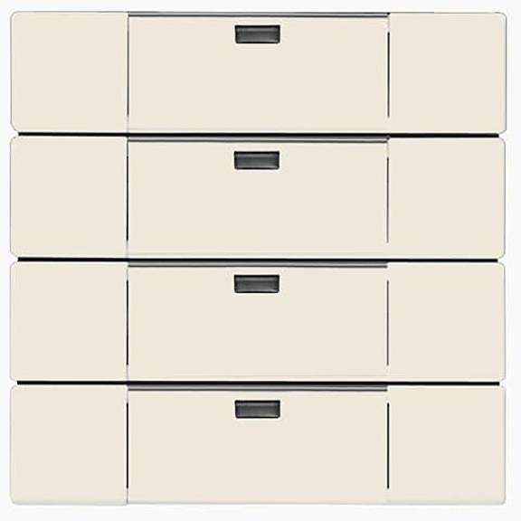 Beige-farbiger Schubladenschrank mit vier Abschnitten, jeder mit einem zentralen Griff ausgestattet, und minimalistischem Design.