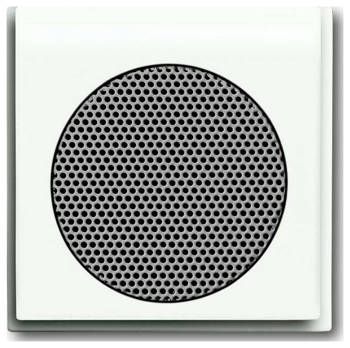 Ein quadratischer weißer wandmontierter Lautsprecher mit einem kreisförmigen perforierten Gitter in der Mitte, entworfen für die Audioausgabe.