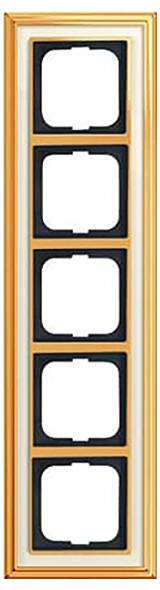 Aufrechtes rechteckiges Panel mit fünf gleichmäßig verteilten quadratischen Ausschnitten für Schalter oder Steckdosen, in Gold eingefasst.