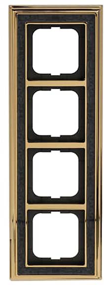 Eine vertikale, goldfarbene vierfach-Blende für elektrische Schalter oder Steckdosen, die zum Rahmen und Halten von vier Einsätzen bestimmt ist.