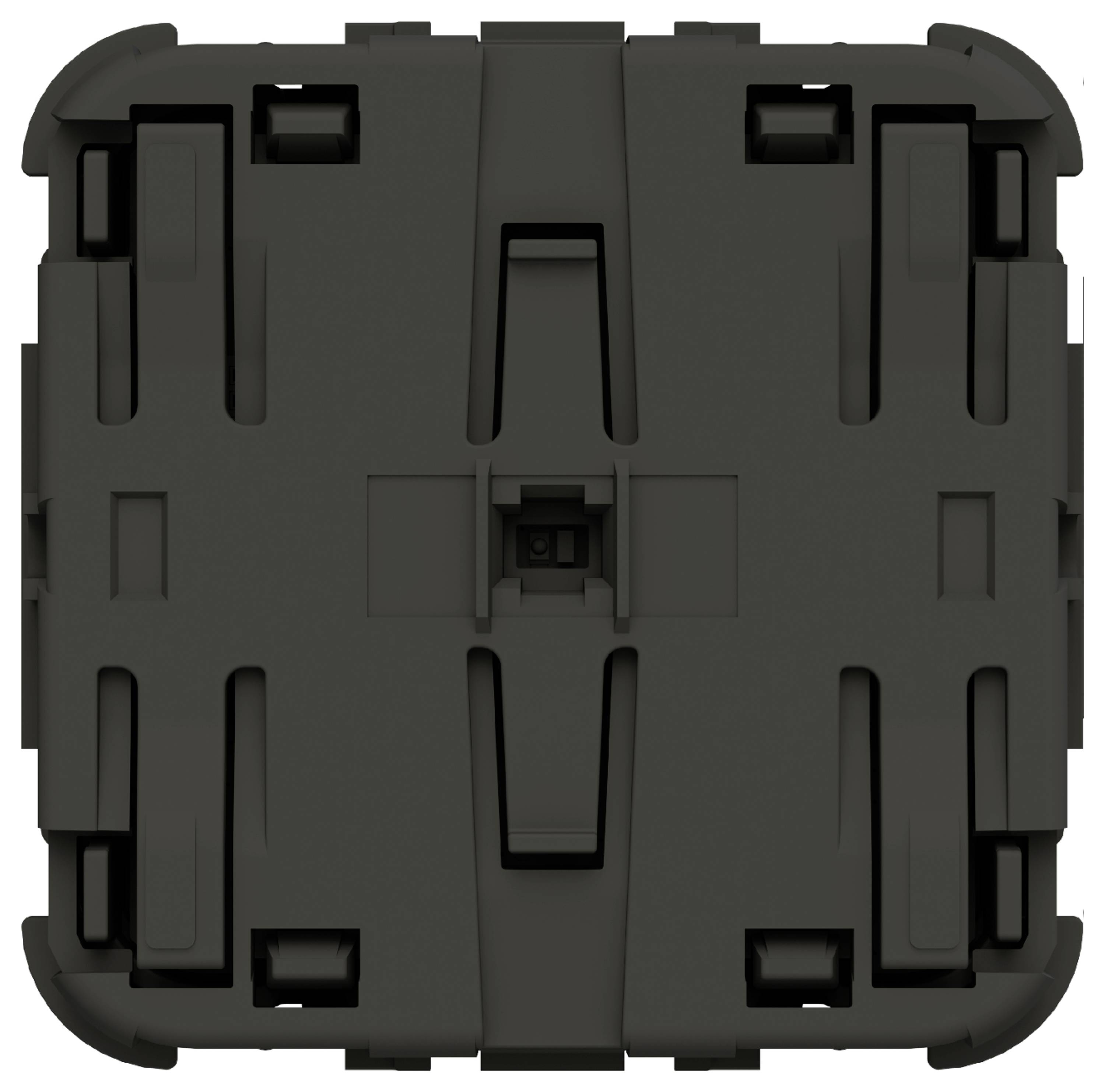 Ein quadratisches mechanisches Teil mit symmetrischem Design, das aufwendige Nuten und Kerben aufweist und aus einem massiven dunklen Material besteht.