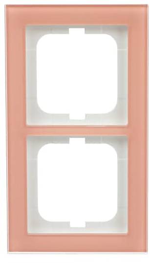 Eine rechteckige, korallenrote Doppelschalterblende mit zwei rechteckigen Aussparungen für Schalter oder Steckdosen.