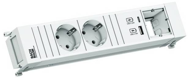 Ein weißes Steckdosenleiste mit zwei europäischen Steckdosen, zwei USB-Anschlüssen mit der Bezeichnung „USB CHG