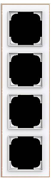 Eine vertikale Reihe von vier identischen leeren Fotorahmen mit einer modernen, metallischen Einfassung, die übereinander gestapelt gegen einen einfachen Hintergrund angeordnet sind.