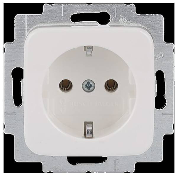 Eine weiße elektrische Wandsteckdose mit zwei kreisförmigen Löchern für einen Stecker, montiert in einem metallischen Befestigungsrahmen.