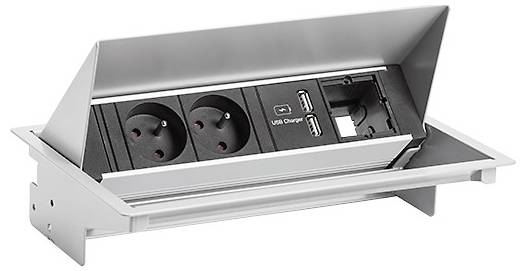 Ausklappbare Schreibtischsteckdose mit zwei Stromanschlüssen, zwei USB-Anschlüssen und einem Netzwerkanschluss in silberner Gehäuse, konzipiert für die Integration in Büromöbel.