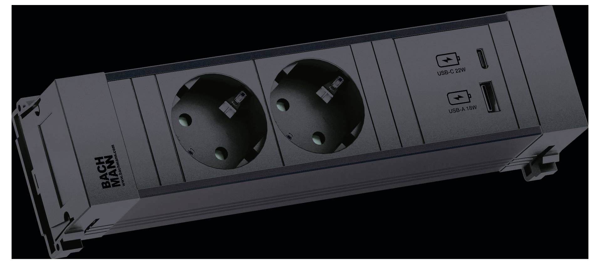 Ein aufputz-installiertes Elektrosteckdosenblock mit zwei europäischen Steckdosen und zwei USB-Anschlüssen, konzipiert für bequemen Stromzugriff.