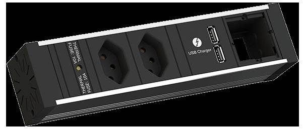 Schwarze Steckerleiste mit zwei europäischen Steckdosen, zwei USB-Ladeanschlüssen und einem Ethernet-Anschluss, geeignet für vielseitige Konnektivitätsanforderungen.