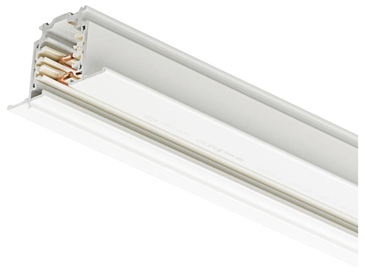 Eine weiße Deckenleiste mit mehreren Kupferleitern im Inneren, entworfen für modulare Beleuchtungsinstallation in modernen Innenräumen.