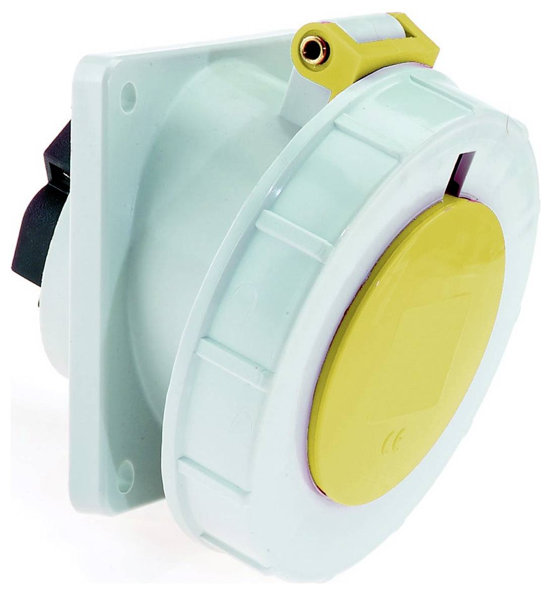 Ein runder Industriestecker mit gelbem Deckel und blauem Körper, ausgestattet mit einem sicheren Verriegelungsmechanismus an der Seite.