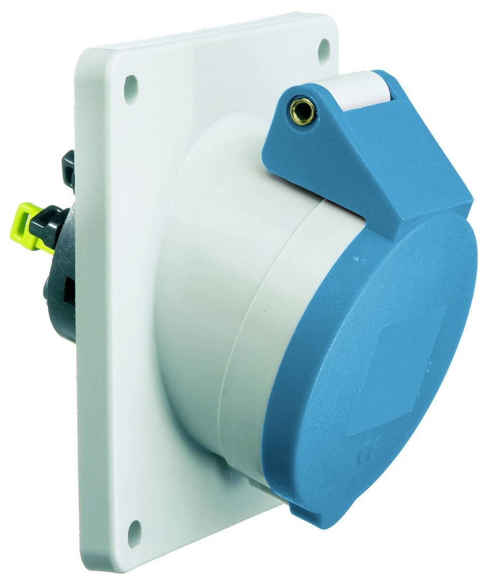 Blau-weiße elektrische Steckdose für die Wandmontage, in schrägem Winkel dargestellt. Mit schutzklappe mit Scharnier für zusätzliche Sicherheit.