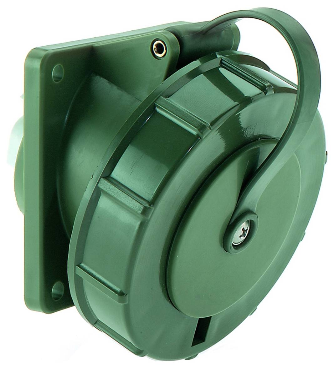 Ein grüner kreisförmiger Industriestecker mit einer Schutzkappe, entwickelt für robuste Elektroverbindungen, montiert auf einer quadratischen Basis.