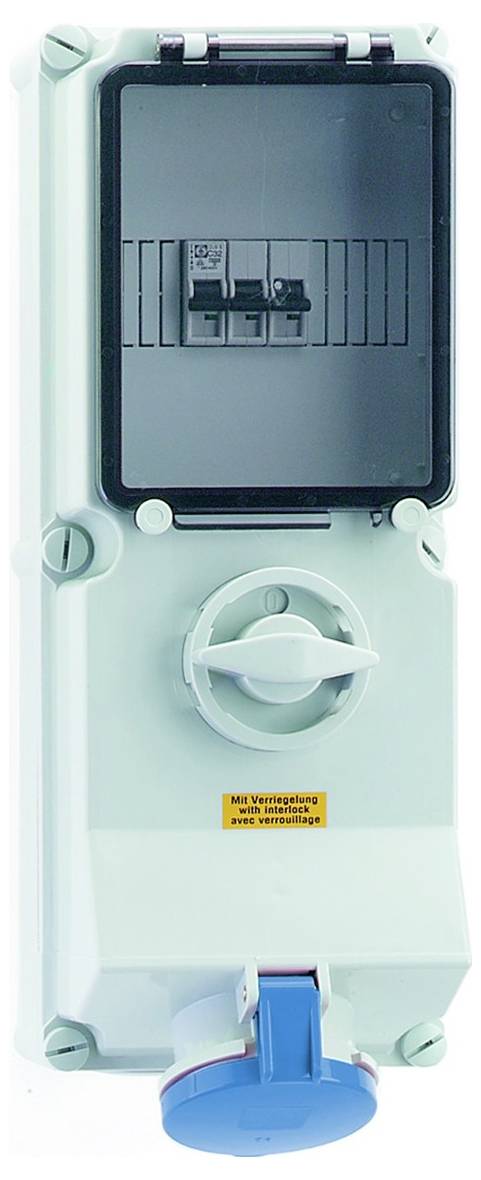 Ein weißes Elektroschaltfeld mit einem runden Drehknopf und Schalter, mit einer durchsichtigen Abdeckung über dem Schalterbereich und blauer Steckdose am unteren Ende.