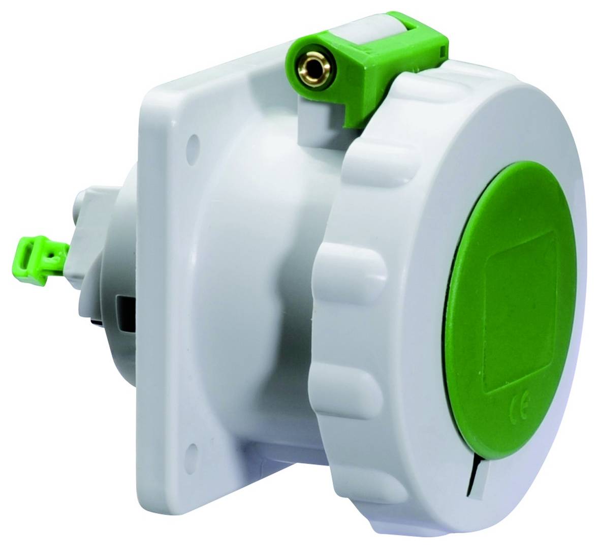 Industrielle runde Wandsteckdose, weiß und grün, mit einem schützenden Verriegelungsmechanismus.
