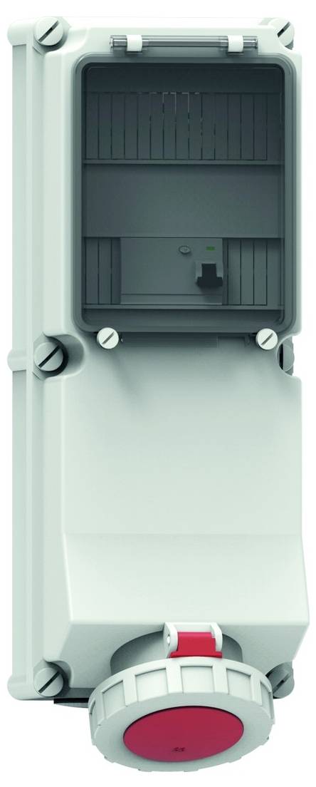 Eine elektrische Schalterdose mit durchsichtiger Abdeckung, mit einem großen roten Notausschalter am unteren Ende, für die industrielle Verwendung konzipiert.