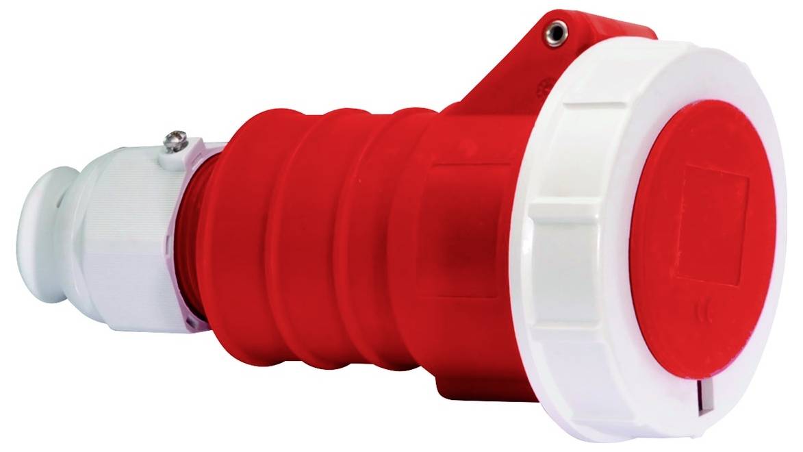 Rotes Industriestecker mit weißem Gehäuse, wird für Hochleistungs-Stromverbindungen verwendet.