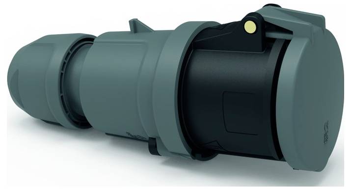 Ein zylindrischer, industrieller Stecker mit einer Schutzkappe ist zu sehen. Er wirkt robust und ist für sichere, schwere Elektroverbindungen konzipiert.
