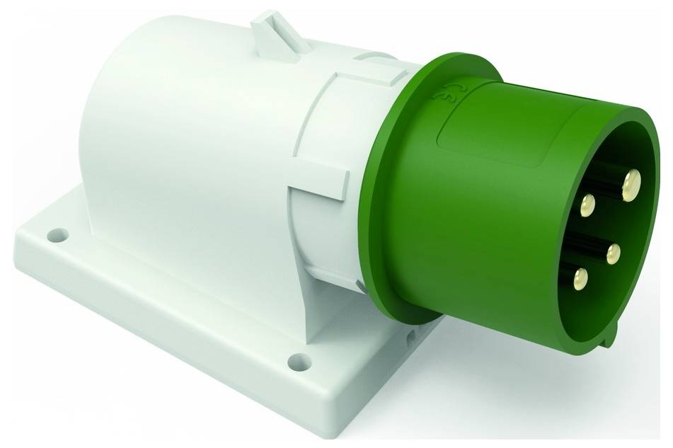 Ein weiß-grüner Industrialistenstecker mit drei Goldkontakten, montiert auf einer flachen Basis, typischerweise für Hochspannungsverbindungen verwendet.