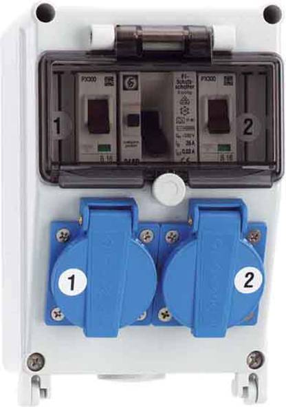 Elektrisches Schaltschrankfeld mit zwei blauen Steckdosenschutzkappen mit den Nummern 1 und 2 sowie zwei Schaltern in einem transparenten Schutzgehäuse.