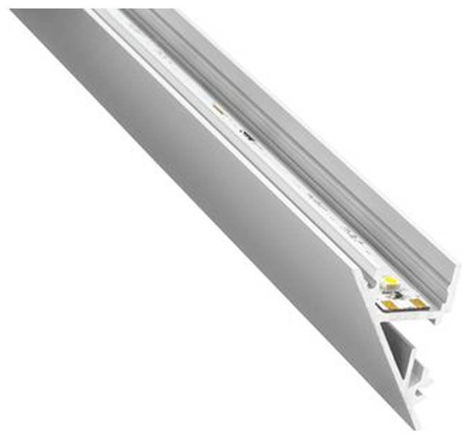 Abgewinkeltes Aluminium-LED-Leuchtengehäuse mit Diffusor, das sein schlankes Design und den integrierten LED-Streifen an der Innenseite zeigt.