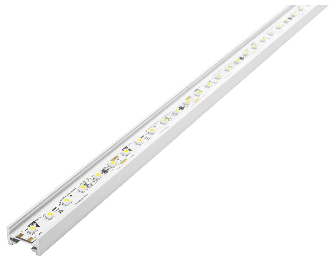 Ein langes, schmales LED-Lichtband mit sichtbaren Birnen auf weißem Hintergrund.