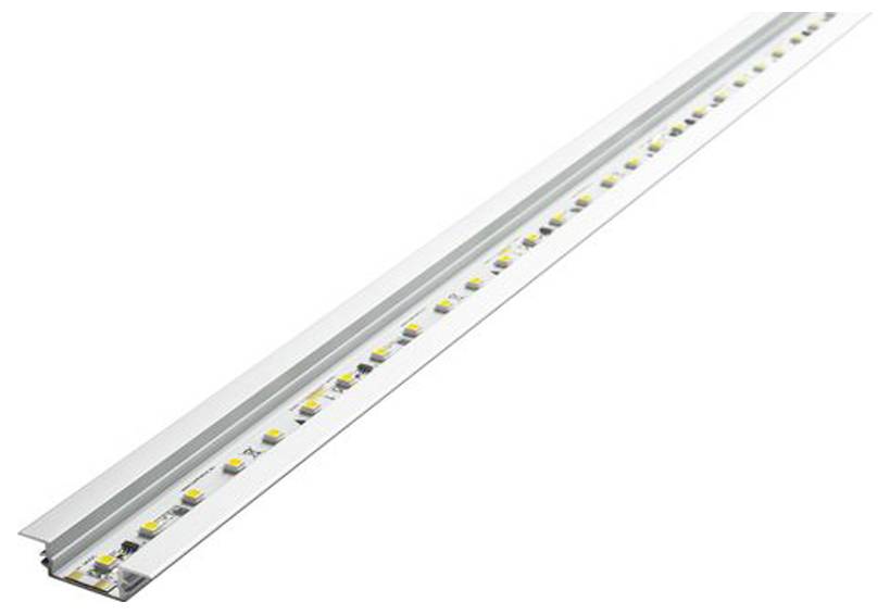 Ein lineares LED-Streifenlicht mit abwechselnd gelben und weißen LEDs, montiert auf einem metallischen Kanal, diagonal angewinkelt.