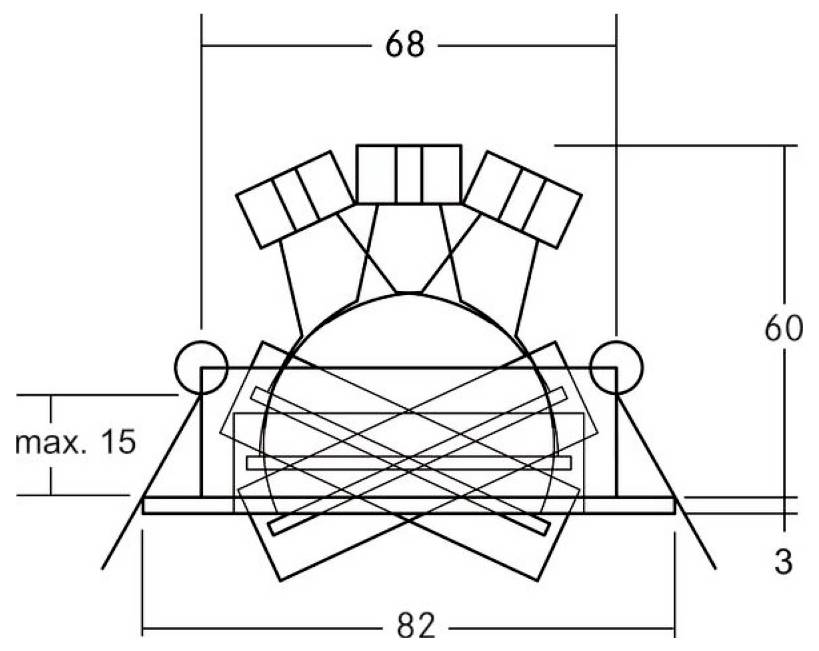 Technische Strichzeichnung eines mechanischen Bauteils mit Maßannotationen: 68 breit oben, 82 breit an der Basis, 60 hoch, max. 15 und 3 Freiraum.