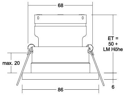 Technisches Diagramm einer Komponente mit Bemaßungslinien: 68 breit oben, 86 breit unten, max. 20 Seitenmessung, 6 unterer Versatz, und „ET = 50 + LM Höhe