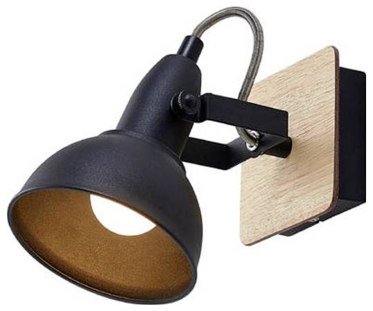 Schwarzer verstellbarer wandmontierter Strahler mit Holzrückplatte und gebogenem Metallarm, auf weißem Hintergrund dargestellt.