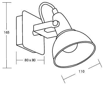 Technische Zeichnung einer wandmontierten verstellbaren Leuchte, mit Beschriftung 165 Höhe, 80 x 80 Sockel und 110 Tiefe.