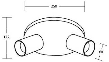 Technische Zeichnung einer gerundeten Rohrbogenfitting mit zwei abgewinkelten zylindrischen Seitenausgängen; die angezeigten Abmessungen sind 250 breit, 122 hoch und 60 am Ausgangswinkel.