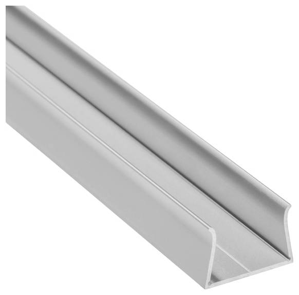 Nahaufnahme einer silbernen, U-förmigen Metallschiene, die diagonal liegt und häufig zur Montage oder als Strukturstützelement verwendet wird.