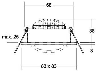Technische Zeichnung einer eingelassenen Leuchte mit Federklemmen, showing Abmessungen 68, 38, max. 25, 3, und 83 x 83.