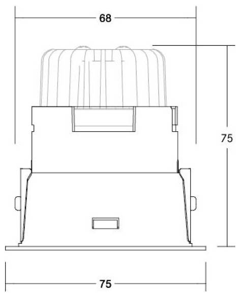 Technische Strichzeichnung einer zylindrischen Leuchte, Seitenansicht mit Abmessungen 68 breit und 75 hoch, Sockel 75 breit.