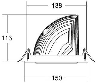 Technisches Diagramm eines gefalteten, fächerförmigen Objekts in einer Basis, mit beschrifteten Abmessungen von 138 Breite, 113 Höhe und 150 Basisbreite.