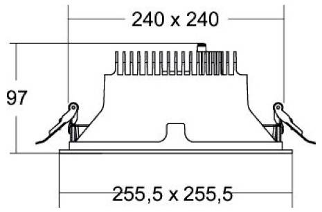 Technisches Diagramm einer quadratischen elektronischen Komponente mit Abmessungen: 240 x 240 oben, 255,5 x 255,5 unten und 97 Höhe.