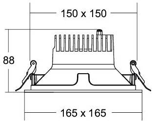 Technische Zeichnung einer quadratischen, bündigen Leuchte mit Seitenklemmen, mit den Abmessungen 150 x 150 oben, 165 x 165 Basis und 88 Höhe.