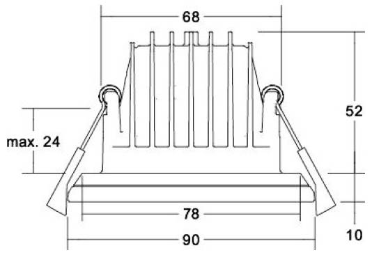 Technische Maßzeichnung einer hängenden Halterung oder eines Pflanzgefäßes mit den Abmessungen Breite 90, Basis 78, Oberseite 68, Höhe 52, Tiefe 10 und maximale Aufhängelänge 24.