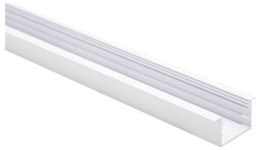 Ein weißes Aluminium-LED-Profil mit C-förmigem Kanal zur Montage von LED-Streifen, verwendet zur Lichtstreuung und zur Erzielung einer professionellen Oberflächenfinish.