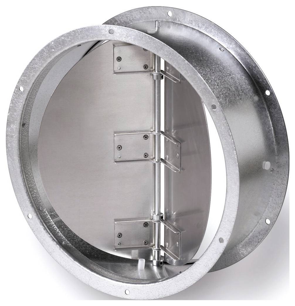 Ein rundes Metallklappenschieber mit Scharnierausführung zur Steuerung des Luftstroms in Kanälen. Es verfügt über mehrere Befestigungslöcher und eine glänzende metallische Oberfläche.
