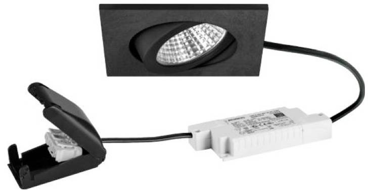 Schwarze eingebaute LED-Deckenleuchte mit separatem Treiber und Verbindungskabel, dargestellt als Beleuchtungsset auf weißem Hintergrund.