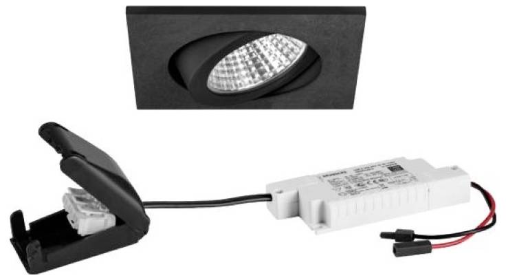Schwarze quadratische LED-Einbauleuchte mit verstellbarem Neigungswinkel und separatem Treibermodul in Weiß mit Anschlusskabeln.