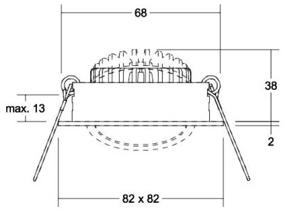 Technische Zeichnung einer eingelassenen Deckenleuchte, zeigt Abmessungen 68, 38, max. 13, 2 und 82 x 82.