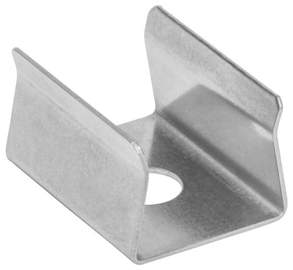 Ein Metallwinkel mit rechteckiger Form, mit vertikalen Flanschen auf beiden Seiten und einer runden Bohrung in der Mitte zu Montagezwecken.