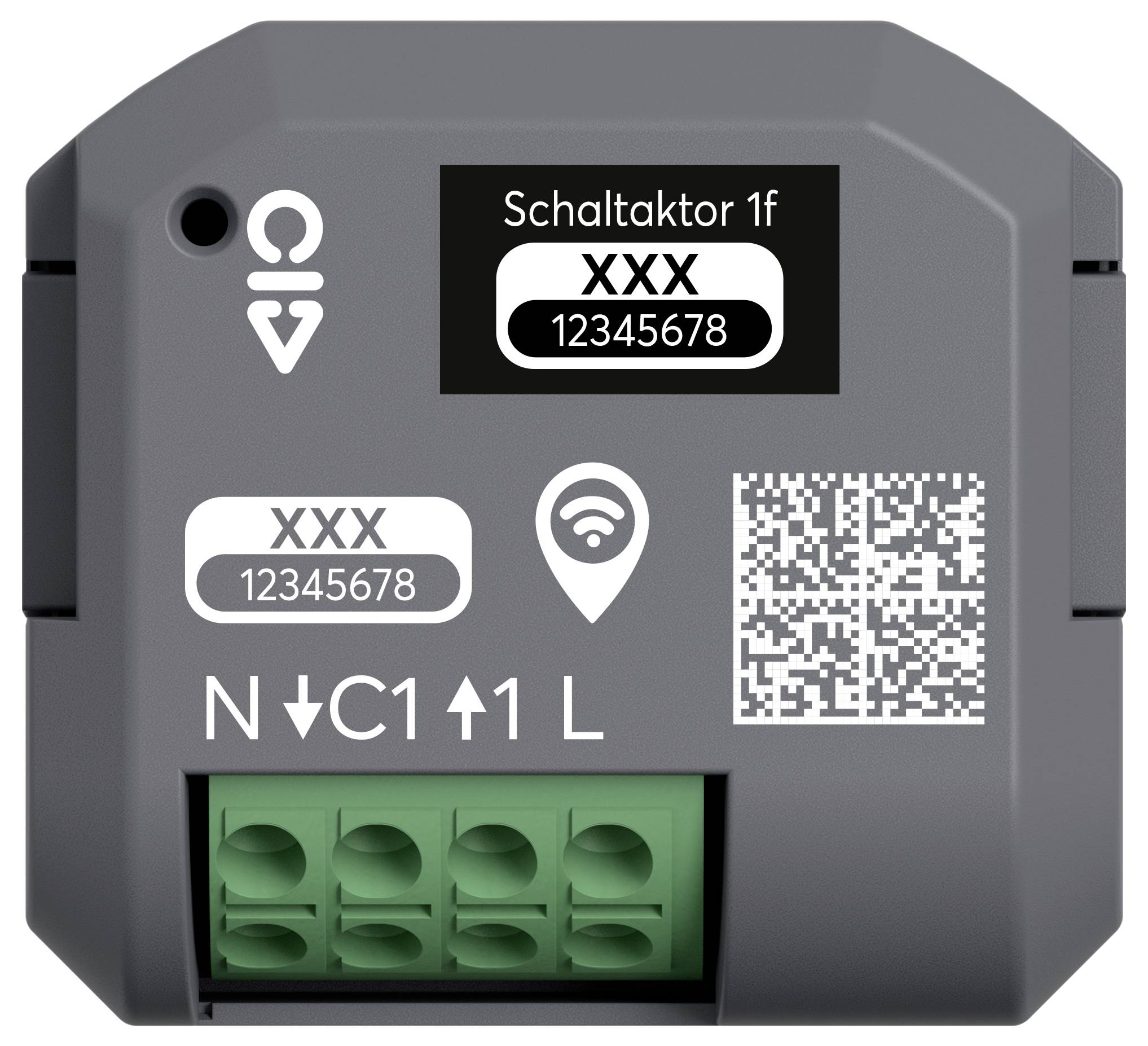 „Ein rechteckiges Gerät mit einem QR-Code, beschriftet mit „Schaltaktor 1f