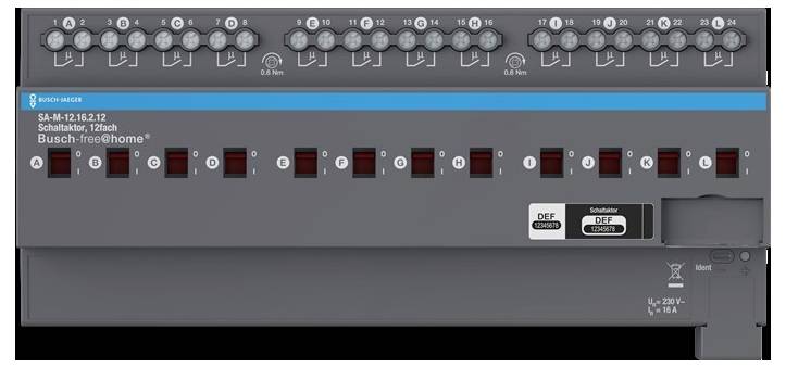 Kontrollmodul 'Busch-free@home' von Busch-Jaeger mit 12 programmierbaren Schaltern, beschriftet 0 bis 11, und Indikatoren für jeden Kanal.