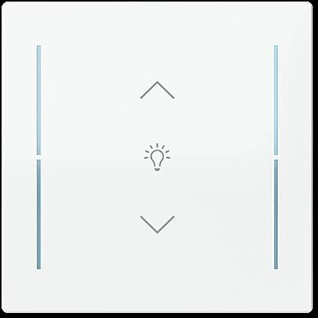 Ein weißer intelligenter Lichtschalter mit Berührungssteuerung verfügt über Pfeile nach oben und unten mit einem Glühbirnensymbol in der Mitte, das die Dimmfunktion anzeigt.