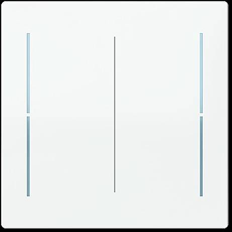 Ein weißer Lichtschalter mit drei vertikalen blauen Indikatorlinien, die gleichmäßig über seine Oberfläche verteilt sind.